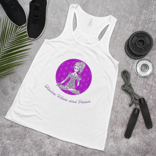 Goddess Swag Divine Vibes and Peace White Racerback Tank with purple design shows goddess sitting inside flower of life circle left hand raised with peace sign