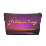 Load image into Gallery viewer, Goddess Swag Bag Mini (named cosmic).  Item can be used as accessory pouch, makeup bag or cosmetic bag with a background is purple with some orange like sunset.  Goddess Swag wording is in gold on one side of the bag only.  There is an option of a black or a white zipper, and a large or a small bag. 
