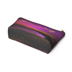 Load image into Gallery viewer, Goddess Swag Bag Mini (named cosmic).  Item can be used as accessory pouch, makeup bag or cosmetic bag with a background is purple with some orange like sunset.  Goddess Swag wording is in gold on one side of the bag only.  There is an option of a black or a white zipper, and a large or a small bag. 
