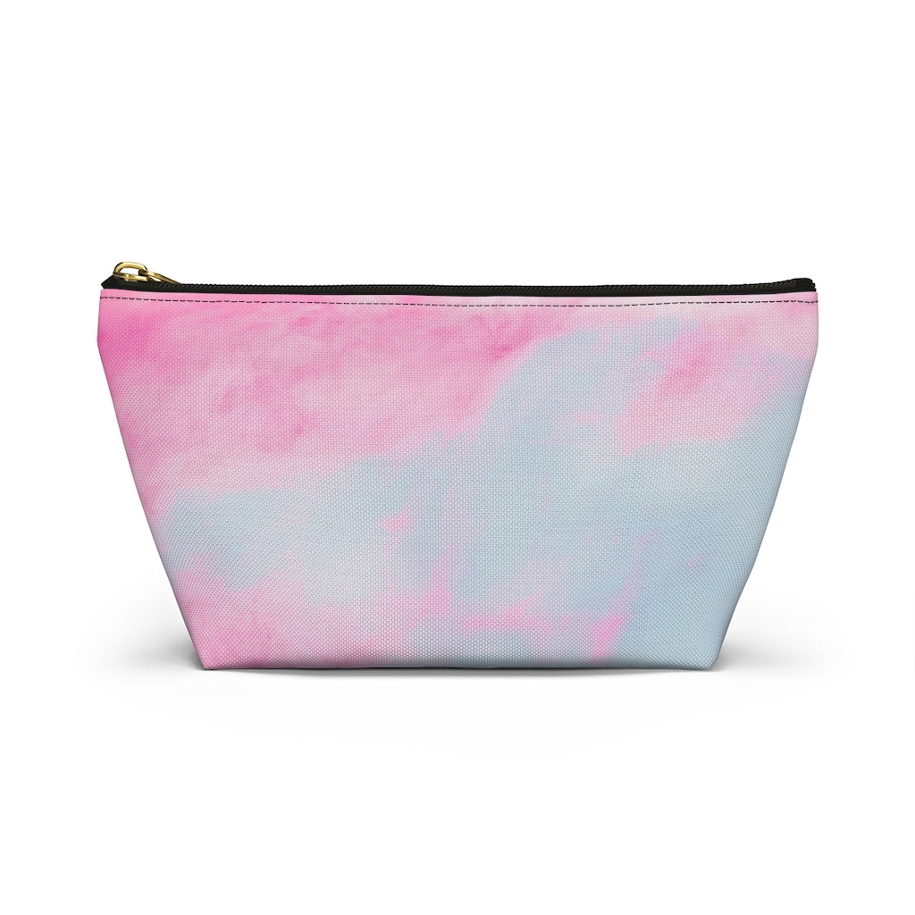 Goddess Swag Bag Mini Ethereal Dream Pastel cotton candy colors with goddess swag written sanskrit style in deep purple.  Item can be used as accessory pouch, makeup bag or cosmetic bag. Goddess Swag wording is on one side of the bag only. There is an option of a black or a white zipper, and a large or a small bag.