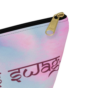 Goddess Swag Bag Mini Ethereal Dream Pastel cotton candy colors with goddess swag written sanskrit style in deep purple.  Item can be used as accessory pouch, makeup bag or cosmetic bag. Goddess Swag wording is on one side of the bag only. There is an option of a black or a white zipper, and a large or a small bag.