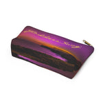 Load image into Gallery viewer, Goddess Swag Bag Mini (named cosmic).  Item can be used as accessory pouch, makeup bag or cosmetic bag with a background is purple with some orange like sunset.  Goddess Swag wording is in gold on one side of the bag only.  There is an option of a black or a white zipper, and a large or a small bag. 
