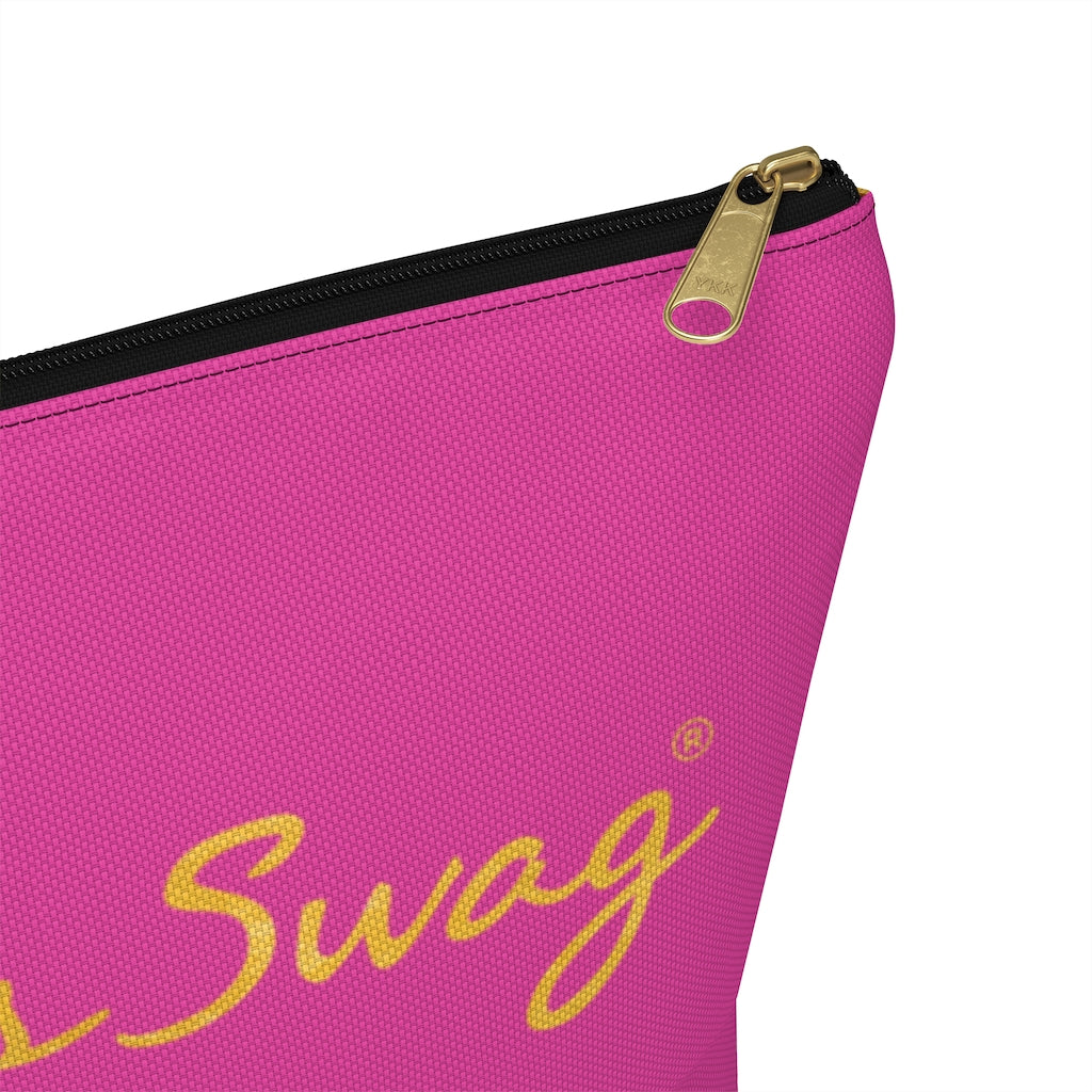 Goddess Swag Bag Mini (named sparkle).  Item can be used as accessory pouch, makeup bag or cosmetic bag. Background is pink on one side with Goddess Swag wording in gold over the pink, and a gold sparkle image on the other side of the bag.  There is an option of a black or a white zipper, and a large or a small bag. 