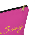 Load image into Gallery viewer, Goddess Swag Bag Mini (named sparkle).  Item can be used as accessory pouch, makeup bag or cosmetic bag. Background is pink on one side with Goddess Swag wording in gold over the pink, and a gold sparkle image on the other side of the bag.  There is an option of a black or a white zipper, and a large or a small bag. 
