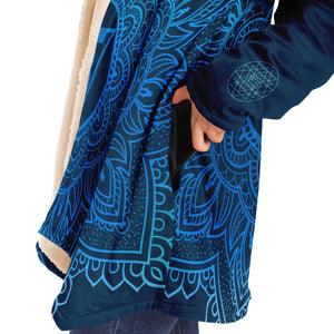 Throat Chakra Mandala Unisex Microfleece Cloak with Hood Cerulean Blue Infinity Sri Yantra Design