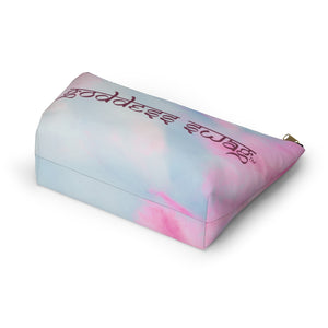 Goddess Swag Bag Mini Ethereal Dream Pastel cotton candy colors with goddess swag written sanskrit style in deep purple.  Item can be used as accessory pouch, makeup bag or cosmetic bag. Goddess Swag wording is on one side of the bag only. There is an option of a black or a white zipper, and a large or a small bag.