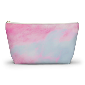 Goddess Swag Bag Mini Ethereal Dream Pastel cotton candy colors with goddess swag written sanskrit style in deep purple.  Item can be used as accessory pouch, makeup bag or cosmetic bag. Goddess Swag wording is on one side of the bag only. There is an option of a black or a white zipper, and a large or a small bag.