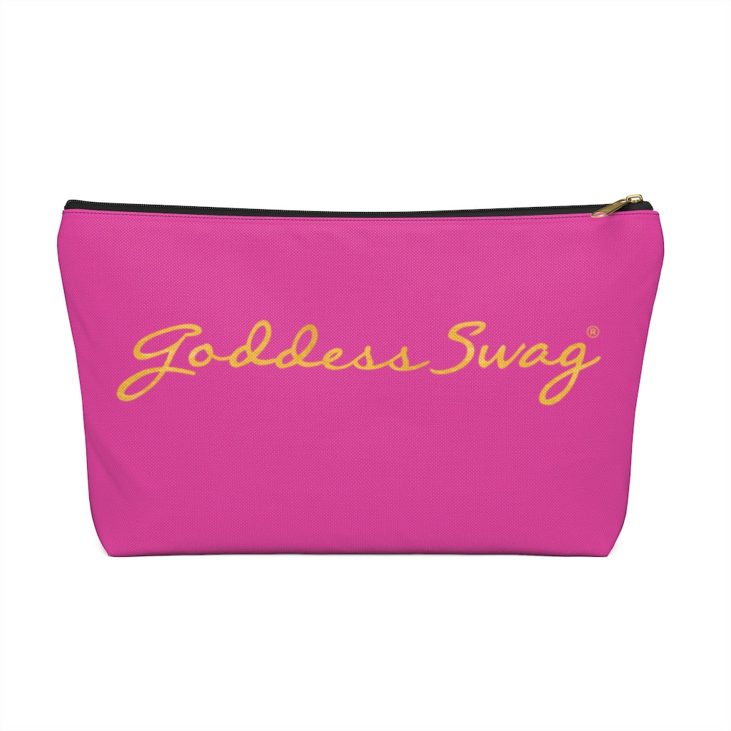 Goddess Swag Bag Mini (named sparkle).  Item can be used as accessory pouch, makeup bag or cosmetic bag. Background is pink on one side with Goddess Swag wording in gold over the pink, and a gold sparkle image on the other side of the bag.  There is an option of a black or a white zipper, and a large or a small bag. 