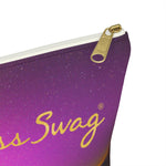 Load image into Gallery viewer, Goddess Swag Bag Mini (named cosmic).  Item can be used as accessory pouch, makeup bag or cosmetic bag with a background is purple with some orange like sunset.  Goddess Swag wording is in gold on one side of the bag only.  There is an option of a black or a white zipper, and a large or a small bag. 
