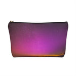 Load image into Gallery viewer, Goddess Swag Bag Mini (named cosmic).  Item can be used as accessory pouch, makeup bag or cosmetic bag with a background is purple with some orange like sunset.  Goddess Swag wording is in gold on one side of the bag only.  There is an option of a black or a white zipper, and a large or a small bag. 
