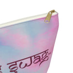 Load image into Gallery viewer, Goddess Swag Bag Mini Ethereal Dream Pastel cotton candy colors with goddess swag written sanskrit style in deep purple.  Item can be used as accessory pouch, makeup bag or cosmetic bag. Goddess Swag wording is on one side of the bag only. There is an option of a black or a white zipper, and a large or a small bag.
