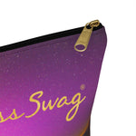 Load image into Gallery viewer, Goddess Swag Bag Mini (named cosmic).  Item can be used as accessory pouch, makeup bag or cosmetic bag with a background is purple with some orange like sunset.  Goddess Swag wording is in gold on one side of the bag only.  There is an option of a black or a white zipper, and a large or a small bag. 
