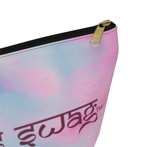 Goddess Swag Bag Mini Ethereal Dream Pastel cotton candy colors with goddess swag written sanskrit style in deep purple.  Item can be used as accessory pouch, makeup bag or cosmetic bag. Goddess Swag wording is on one side of the bag only. There is an option of a black or a white zipper, and a large or a small bag.