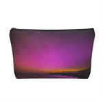 Load image into Gallery viewer, Goddess Swag Bag Mini (named cosmic).  Item can be used as accessory pouch, makeup bag or cosmetic bag with a background is purple with some orange like sunset.  Goddess Swag wording is in gold on one side of the bag only.  There is an option of a black or a white zipper, and a large or a small bag. 
