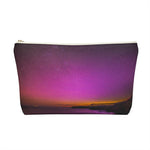 Load image into Gallery viewer, Goddess Swag Bag Mini (named cosmic).  Item can be used as accessory pouch, makeup bag or cosmetic bag with a background is purple with some orange like sunset.  Goddess Swag wording is in gold on one side of the bag only.  There is an option of a black or a white zipper, and a large or a small bag. 
