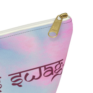 Goddess Swag Bag Mini Ethereal Dream Pastel cotton candy colors with goddess swag written sanskrit style in deep purple.  Item can be used as accessory pouch, makeup bag or cosmetic bag. Goddess Swag wording is on one side of the bag only. There is an option of a black or a white zipper, and a large or a small bag.