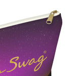 Load image into Gallery viewer, Goddess Swag Bag Mini (named cosmic).  Item can be used as accessory pouch, makeup bag or cosmetic bag with a background is purple with some orange like sunset.  Goddess Swag wording is in gold on one side of the bag only.  There is an option of a black or a white zipper, and a large or a small bag. 
