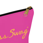 Load image into Gallery viewer, Goddess Swag Bag Mini (named sparkle).  Item can be used as accessory pouch, makeup bag or cosmetic bag. Background is pink on one side with Goddess Swag wording in gold over the pink, and a gold sparkle image on the other side of the bag.  There is an option of a black or a white zipper, and a large or a small bag. 
