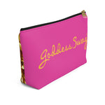 Load image into Gallery viewer, Goddess Swag Bag Mini (named sparkle).  Item can be used as accessory pouch, makeup bag or cosmetic bag. Background is pink on one side with Goddess Swag wording in gold over the pink, and a gold sparkle image on the other side of the bag.  There is an option of a black or a white zipper, and a large or a small bag. 
