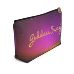 Load image into Gallery viewer, Goddess Swag Bag Mini (named cosmic).  Item can be used as accessory pouch, makeup bag or cosmetic bag with a background is purple with some orange like sunset.  Goddess Swag wording is in gold on one side of the bag only.  There is an option of a black or a white zipper, and a large or a small bag. 
