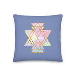 Load image into Gallery viewer, cosmic powers collection by goddess swag.  Throw pillow with Sri Yantra designs on front and back, colors of light pastels and gold on a solid blue color background.  This is the pillow insert and removable cover.
