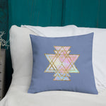 Load image into Gallery viewer, cosmic powers collection by goddess swag.  Throw pillow with Sri Yantra designs on front and back, colors of light pastels and gold on a solid blue color background.  This is the pillow insert and removable cover.
