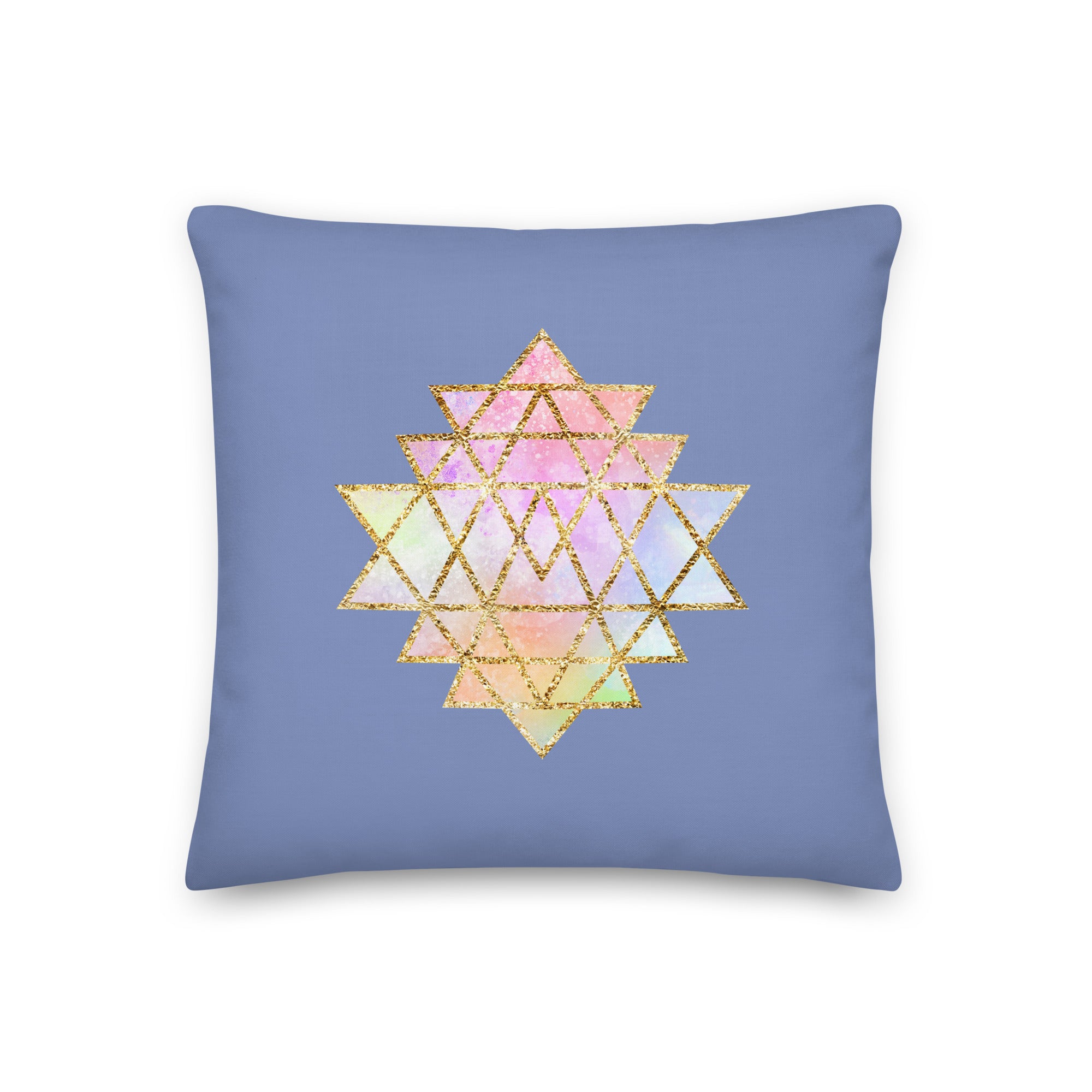 cosmic powers collection by goddess swag.  Throw pillow with Sri Yantra designs on front and back, colors of light pastels and gold on a solid blue color background.  This is the pillow insert and removable cover.