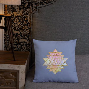 cosmic powers collection by goddess swag.  Throw pillow with Sri Yantra designs on front and back, colors of light pastels and gold on a solid blue color background.  This is the pillow insert and removable cover.
