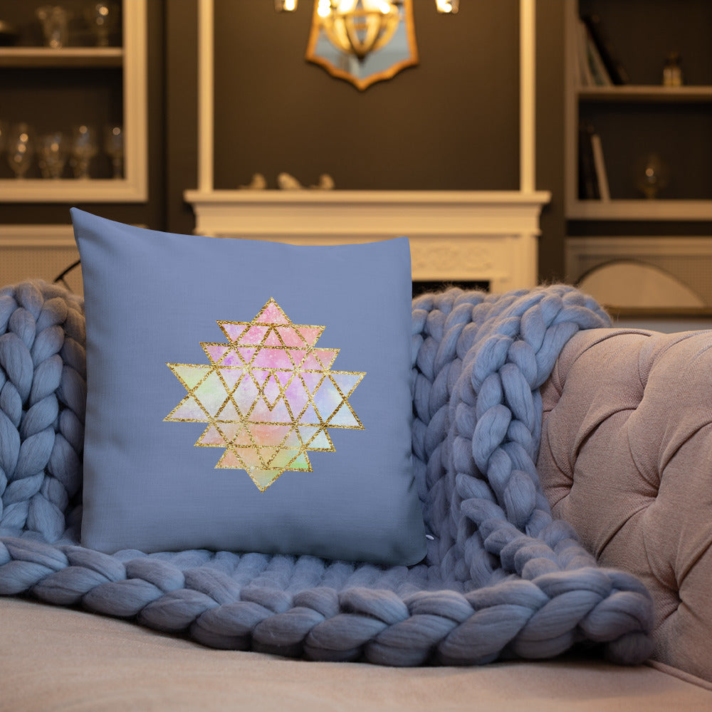 cosmic powers collection by goddess swag.  Throw pillow with Sri Yantra designs on front and back, colors of light pastels and gold on a solid blue color background.  This is the pillow insert and removable cover.