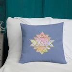 Load image into Gallery viewer, cosmic powers collection by goddess swag.  Throw pillow with Sri Yantra designs on front and back, colors of light pastels and gold on a solid blue color background.  This is the pillow insert and removable cover.
