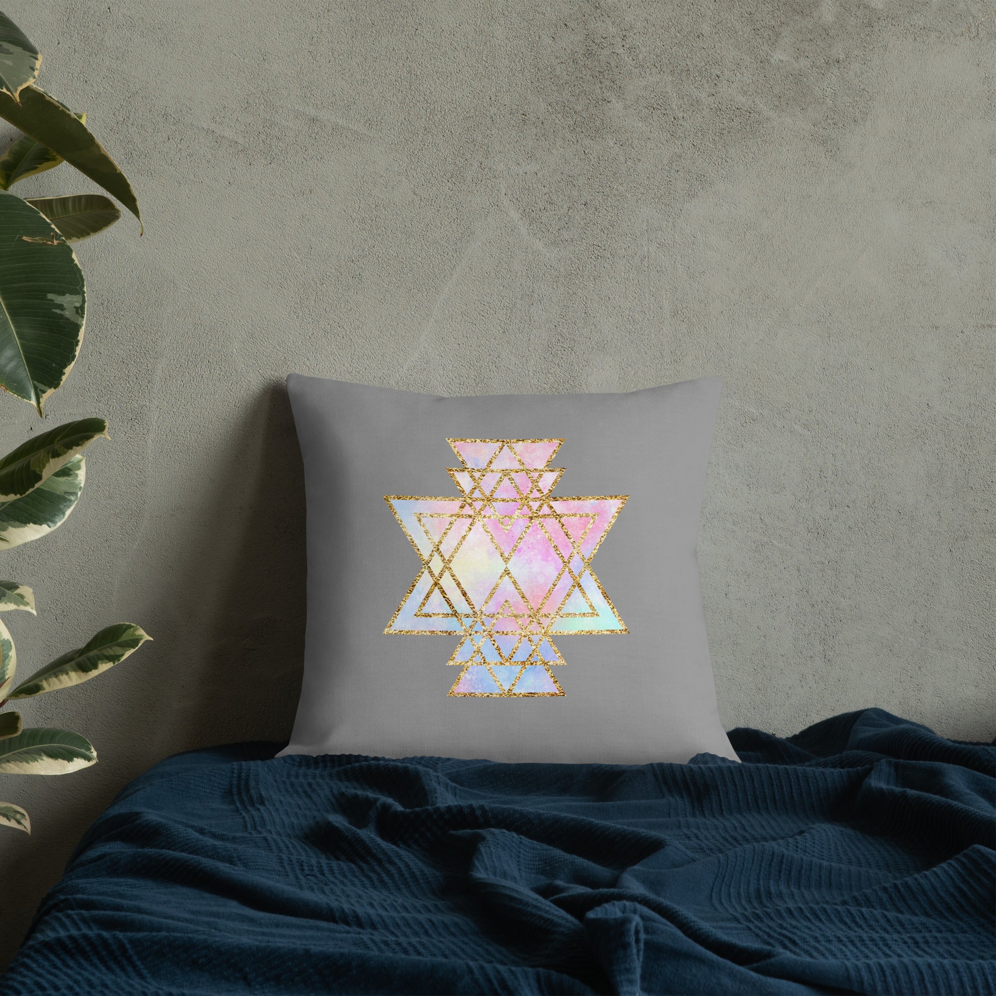 cosmic powers collection by goddess swag.  Throw pillow with Sri Yantra designs on front and back, colors of light pastels and gold on a solid gray color background.  This is the pillow insert and removable cover.