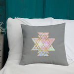 Load image into Gallery viewer, cosmic powers collection by goddess swag.  Throw pillow with Sri Yantra designs on front and back, colors of light pastels and gold on a solid gray color background.  This is the pillow insert and removable cover.
