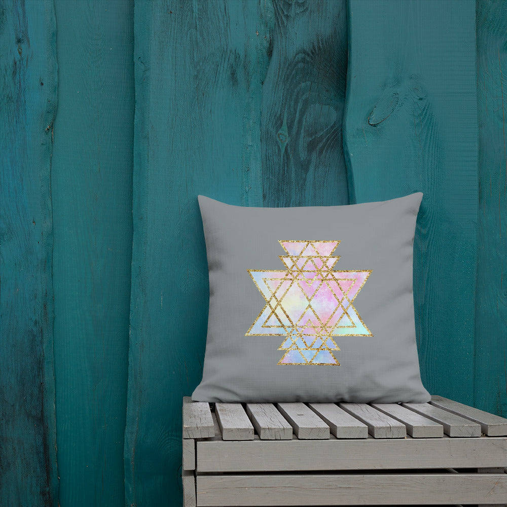 cosmic powers collection by goddess swag.  Throw pillow with Sri Yantra designs on front and back, colors of light pastels and gold on a solid gray color background.  This is the pillow insert and removable cover.