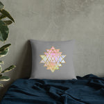 Load image into Gallery viewer, cosmic powers collection by goddess swag.  Throw pillow with Sri Yantra designs on front and back, colors of light pastels and gold on a solid gray color background.  This is the pillow insert and removable cover.

