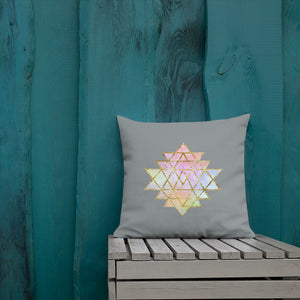 cosmic powers collection by goddess swag.  Throw pillow with Sri Yantra designs on front and back, colors of light pastels and gold on a solid gray color background.  This is the pillow insert and removable cover.