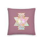 Load image into Gallery viewer, cosmic powers collection by goddess swag.  Throw pillow with Sri Yantra designs on front and back, colors of light pastels and gold on a solid rose color background.  This is the pillow insert and removable cover.
