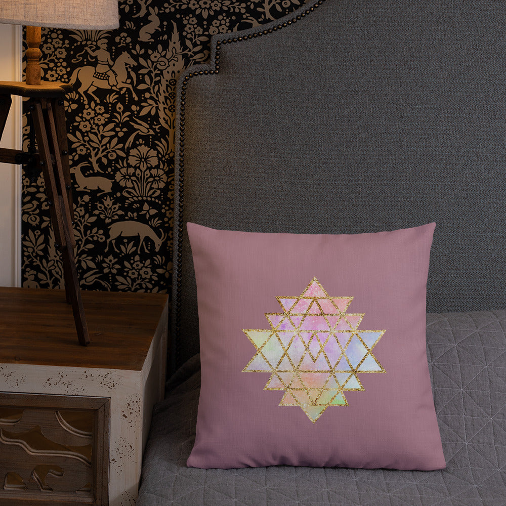 cosmic powers collection by goddess swag.  Throw pillow with Sri Yantra designs on front and back, colors of light pastels and gold on a solid rose color background.  This is the pillow insert and removable cover.