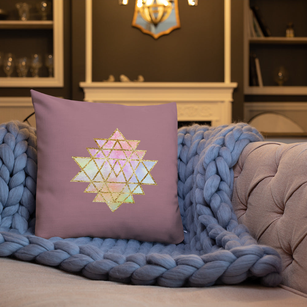 cosmic powers collection by goddess swag.  Throw pillow with Sri Yantra designs on front and back, colors of light pastels and gold on a solid rose color background.  This is the pillow insert and removable cover.