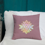 Load image into Gallery viewer, cosmic powers collection by goddess swag.  Throw pillow with Sri Yantra designs on front and back, colors of light pastels and gold on a solid rose color background.  This is the pillow insert and removable cover.
