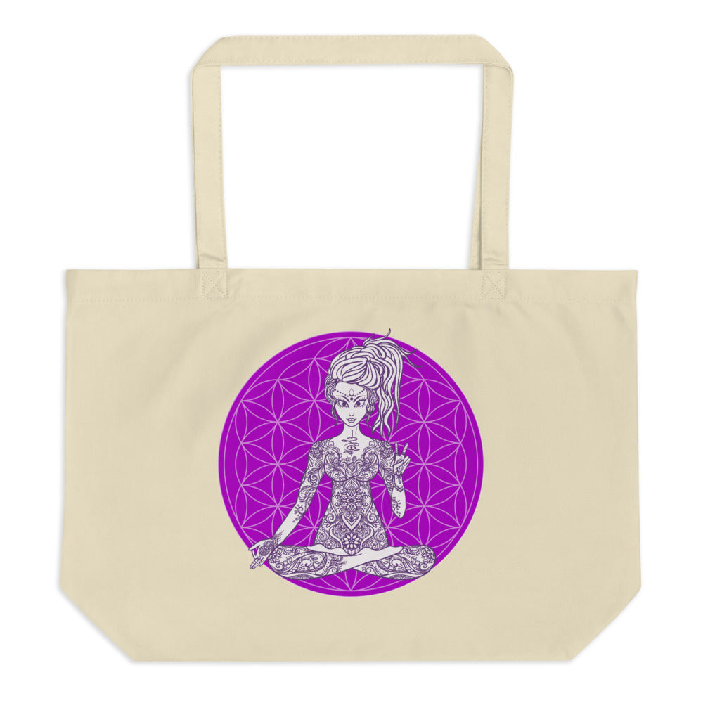 Divine Vibes™ Large Eco Tote Bag Organic Cotton Oyster Color with Goddess making peace sign with left hand and Purple Flower of Life Design by Goddess Swag