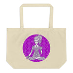 Load image into Gallery viewer, Divine Vibes™ Large Eco Tote Bag Organic Cotton Oyster Color with Goddess making peace sign with left hand and Purple Flower of Life Design by Goddess Swag
