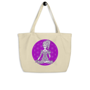 Divine Vibes™ Large Eco Tote Bag Organic Cotton Oyster Color with Goddess making peace sign with left hand and Purple Flower of Life Design by Goddess Swag