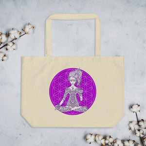 Divine Vibes™ Large Eco Tote Bag Organic Cotton Oyster Color with Goddess making peace sign with left hand and Purple Flower of Life Design by Goddess Swag