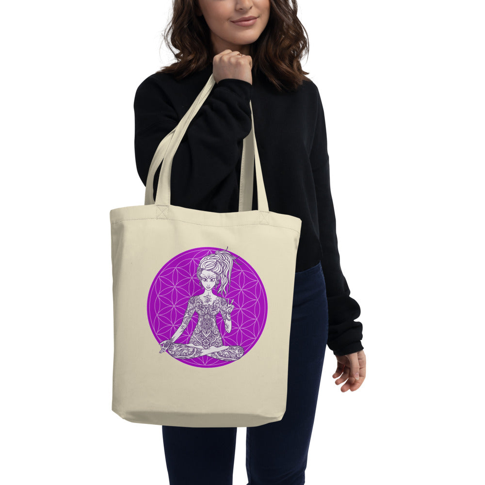 Divine Vibes™ Small Eco Tote Bag Organic Cotton Oyster Color with Goddess making peace sign with left hand and Purple Flower of Life Design by Goddess Swag