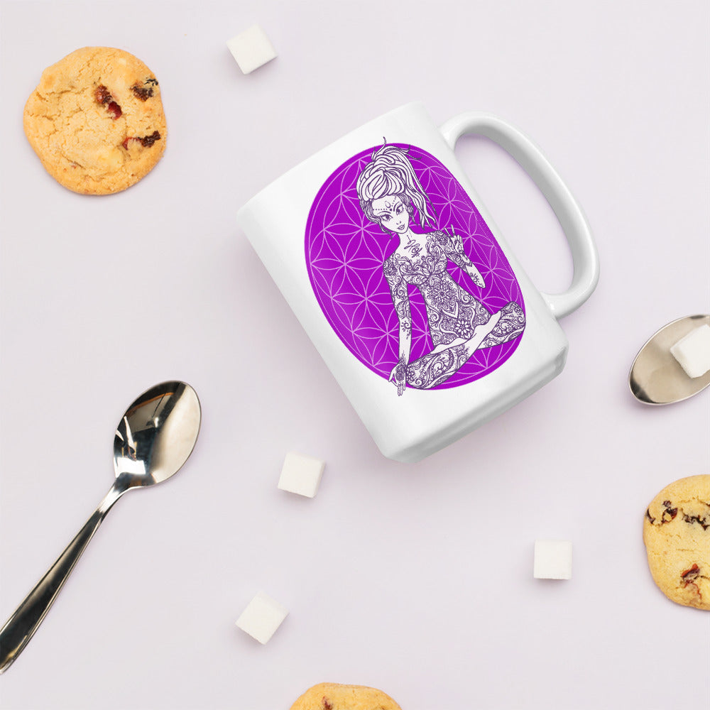 Divine Vibes™ ceramic coffee mug 15oz with goddess and flower of life design peace sign purple by goddess swag