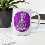 Load image into Gallery viewer, Goddess Swag Divine Vibes™ ceramic coffee mug 15oz with goddess and flower of life design peace sign purple 
