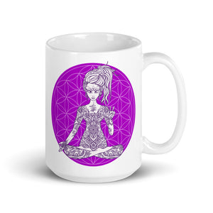 Goddess Swag Divine Vibes™ ceramic coffee mug 15oz with goddess and flower of life design peace sign purple 