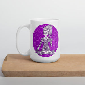 Goddess Swag Divine Vibes™ ceramic coffee mug 15oz with goddess and Goddess Swag™ flower of life design peace sign purple 