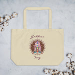 Load image into Gallery viewer,  Goddess Swag, Large Eco Tote Bag Organic Cotton Oyster Color with Mandala and Chakra Design by Goddess Swag which is written in deep purple color.
