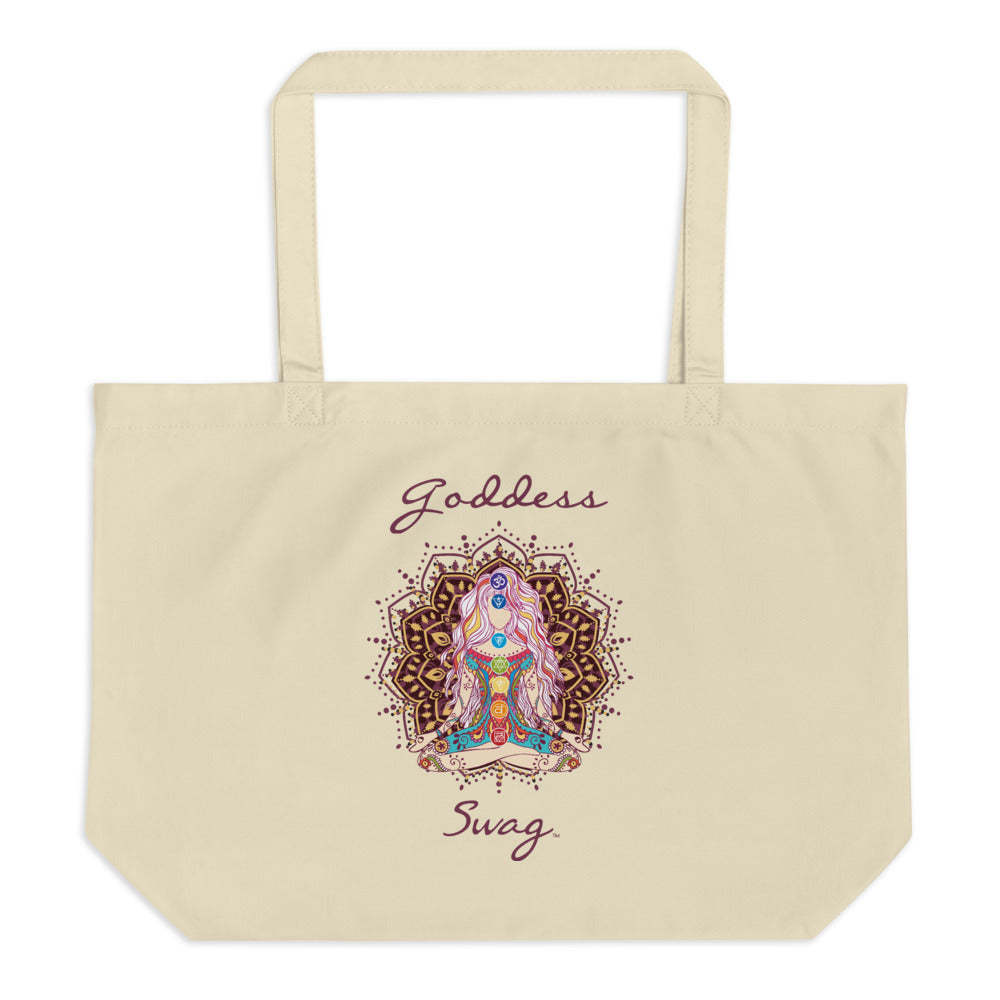  Goddess Swag, Large Eco Tote Bag Organic Cotton Oyster Color with Mandala and Chakra Design by Goddess Swag which is written in deep purple color.